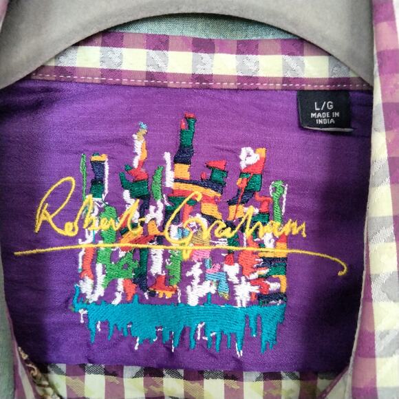 Robert Graham Men's Sz L Embroidered Purple Green Check Flip Cuff Doors Floral - Picture 8 of 8